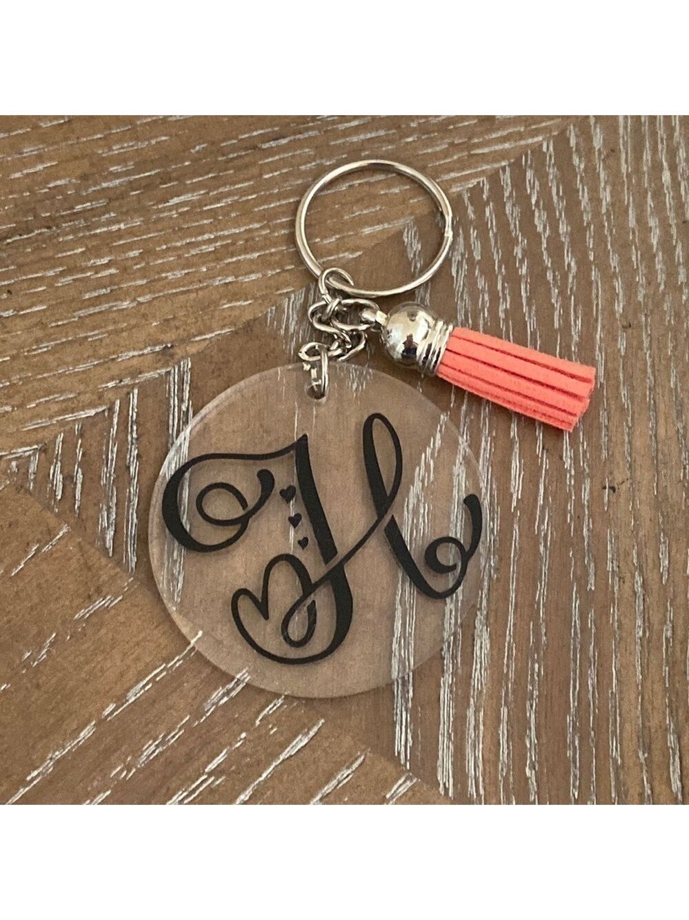 Handmade Clear Acrylic Keychain Peach Leather Tassel H